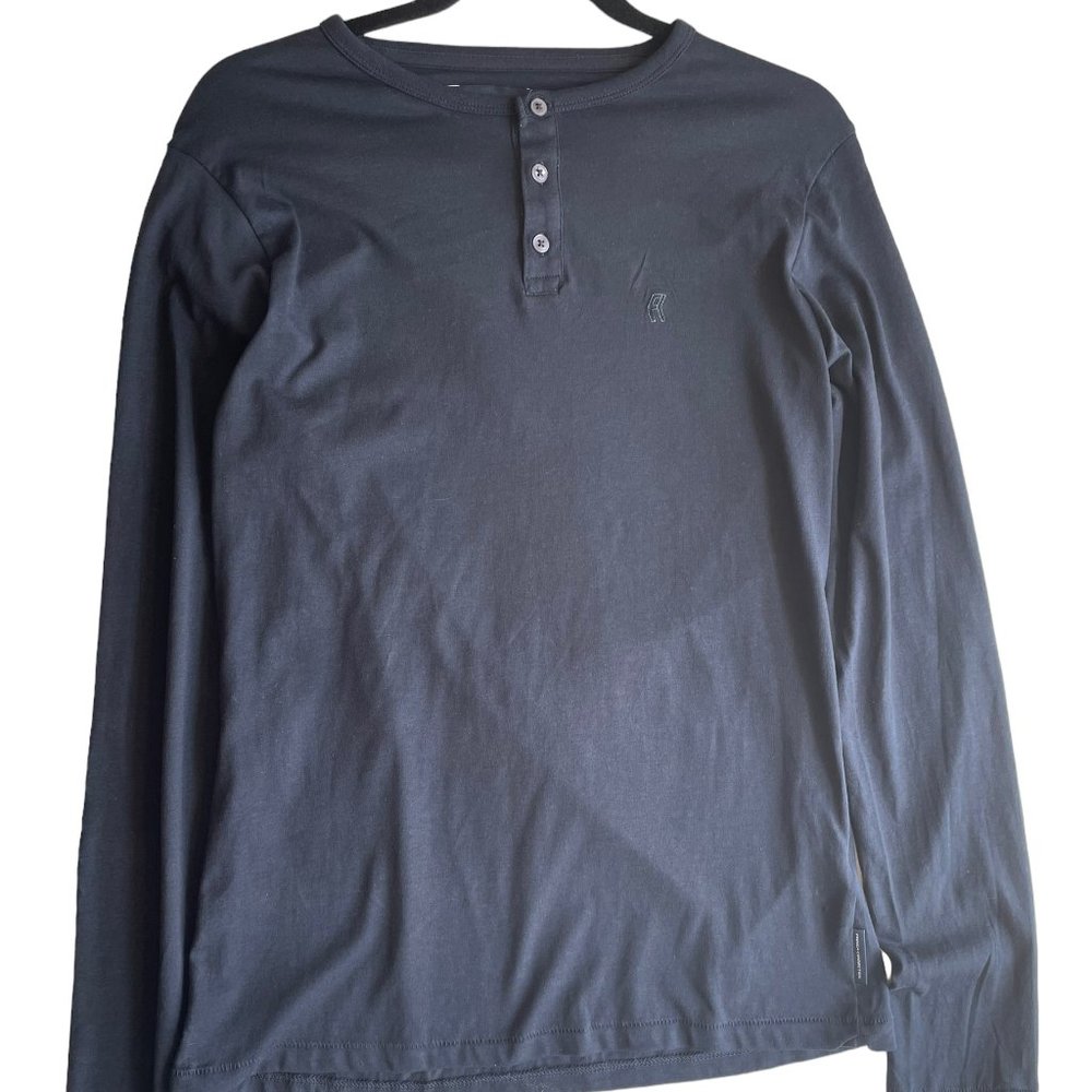 French Connection 100% Cotton LS Long-sleeved Henley Shirt Large Dark Navy